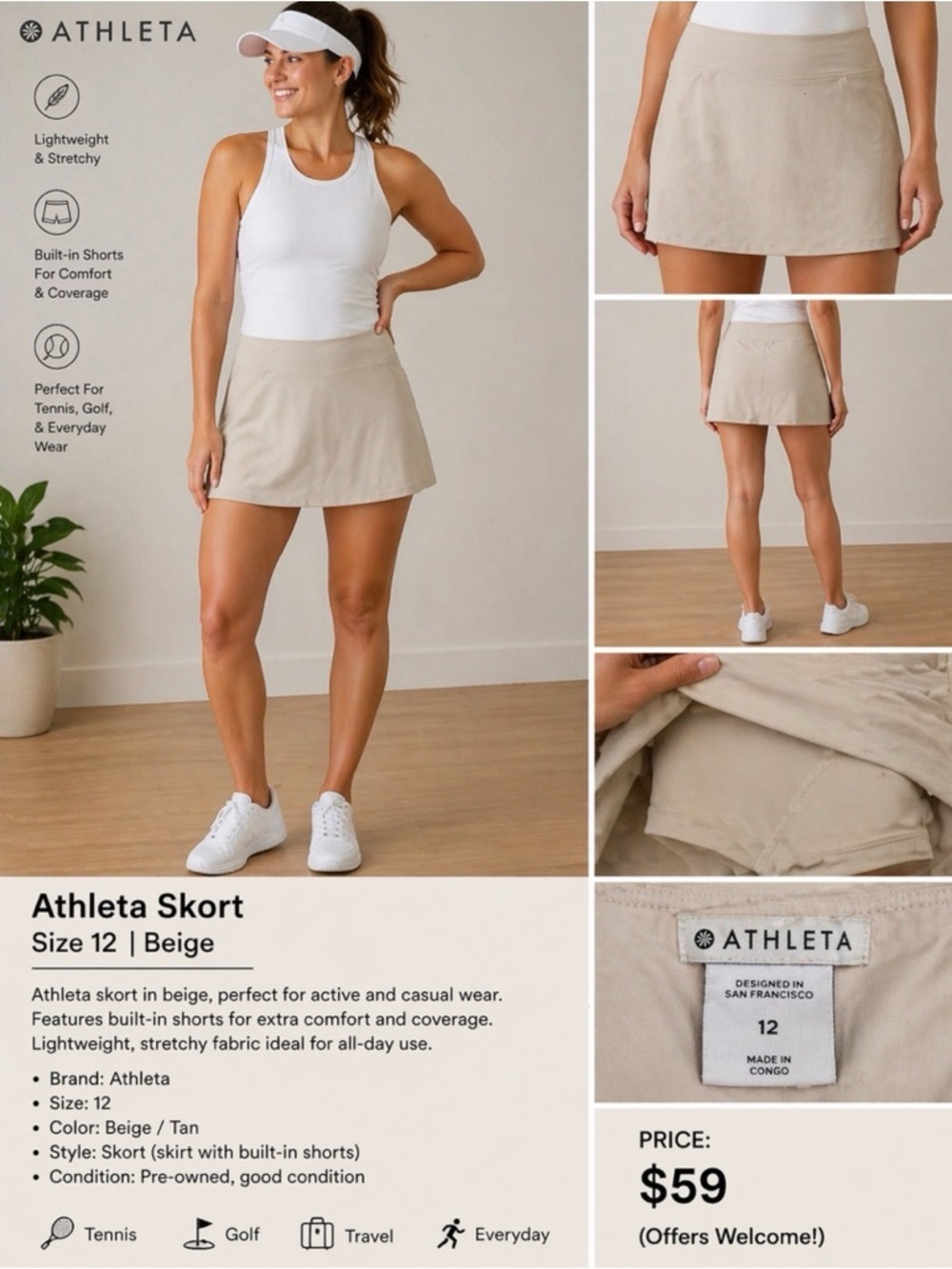 Athleta Skort Size 12 Beige Athletic Skirt Shorts Tennis Golf